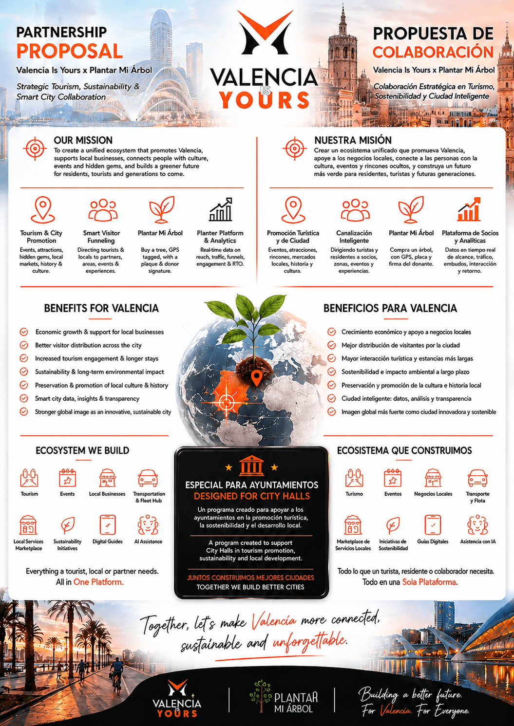 Bilingual Valencia Is Yours and Plantar Mi Arbol partnership proposal flyer for Valencian city halls